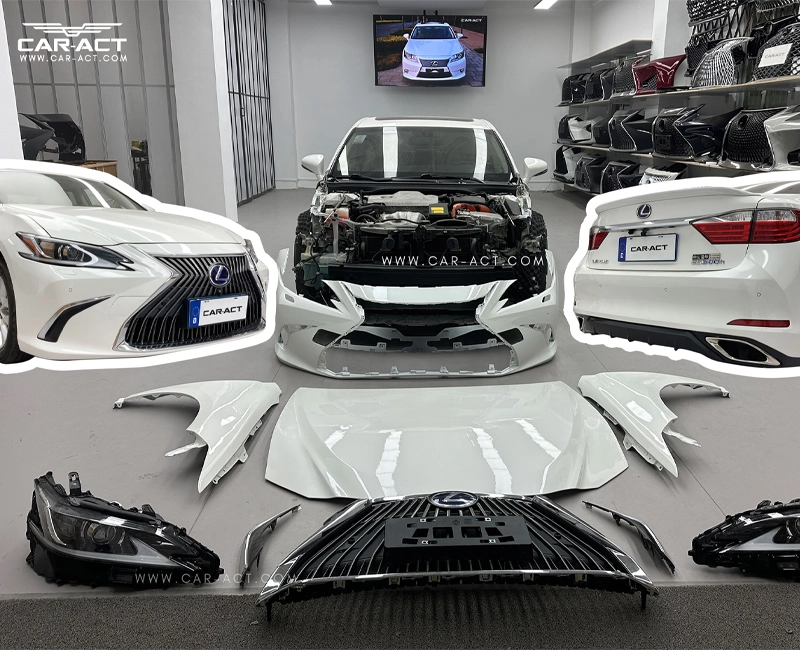 Front view of a 2017 Lexus ES300h upgraded with a 2024 ES aggressive bumper and grille.