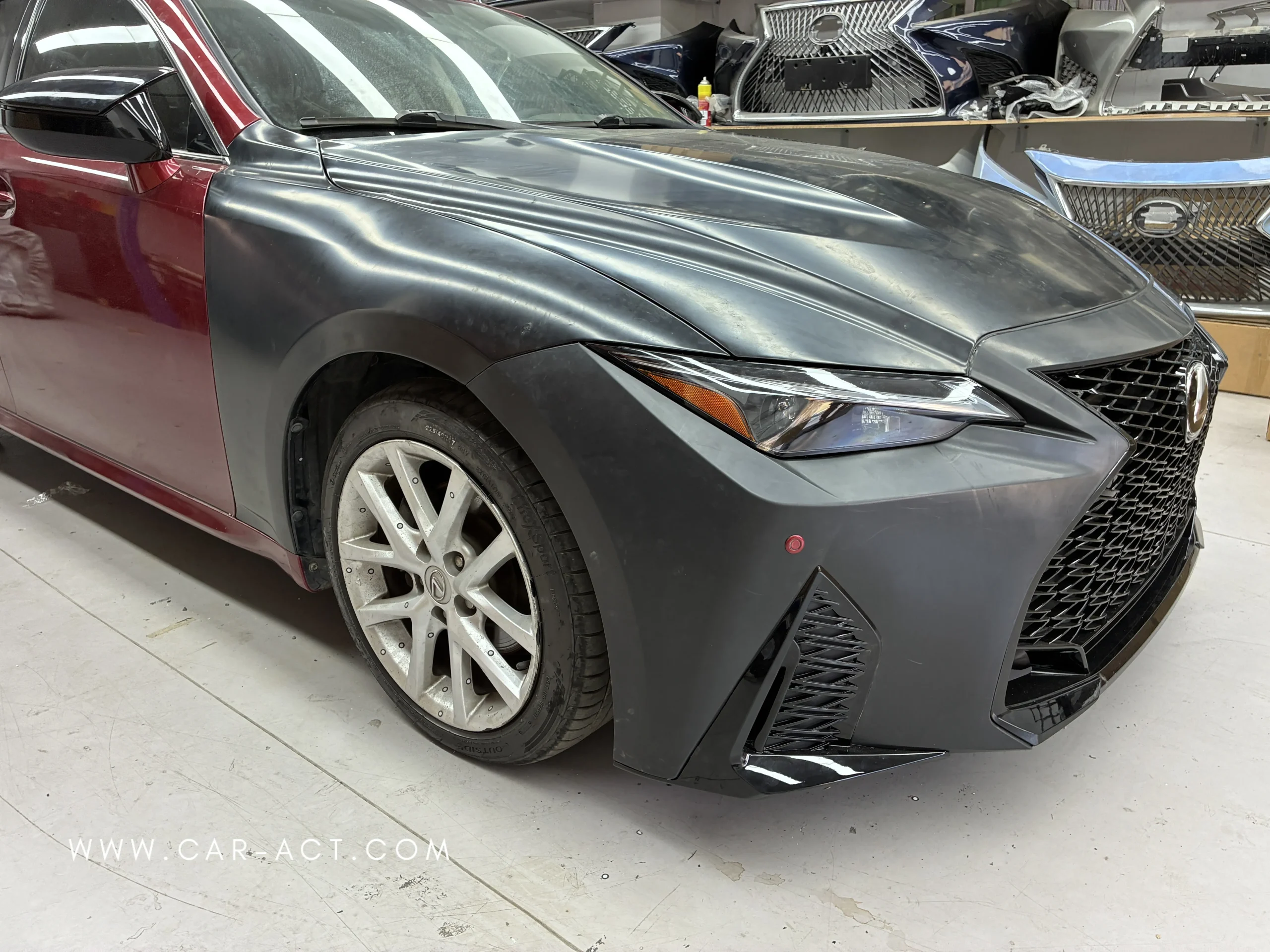 Side angle of Lexus IS with 2023 IS F Sport style complete front end conversion