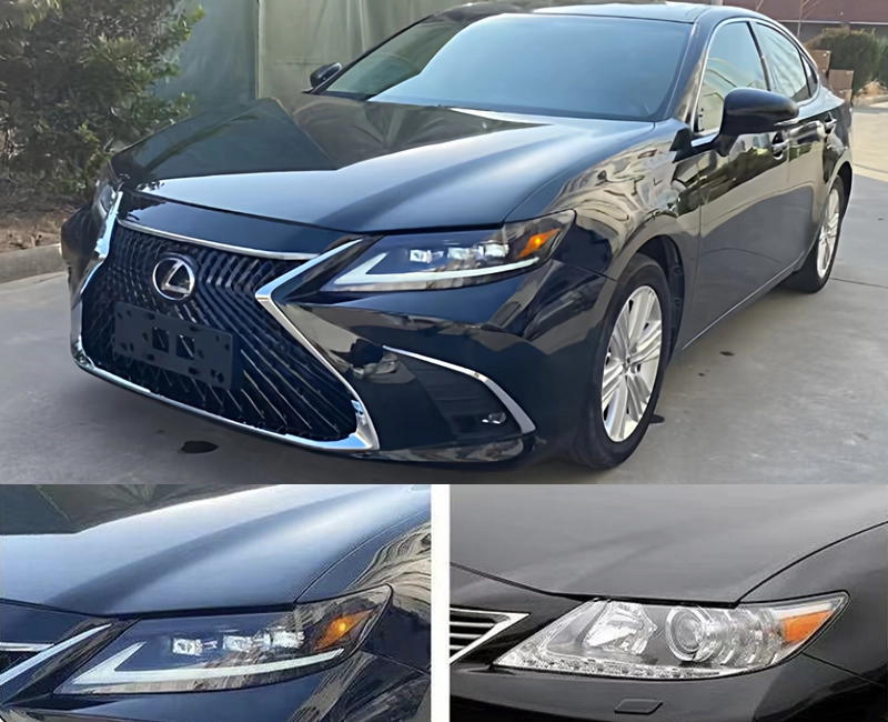 Original Lexus ES headlight compared with triple-beam Matrix LED projector upgrade